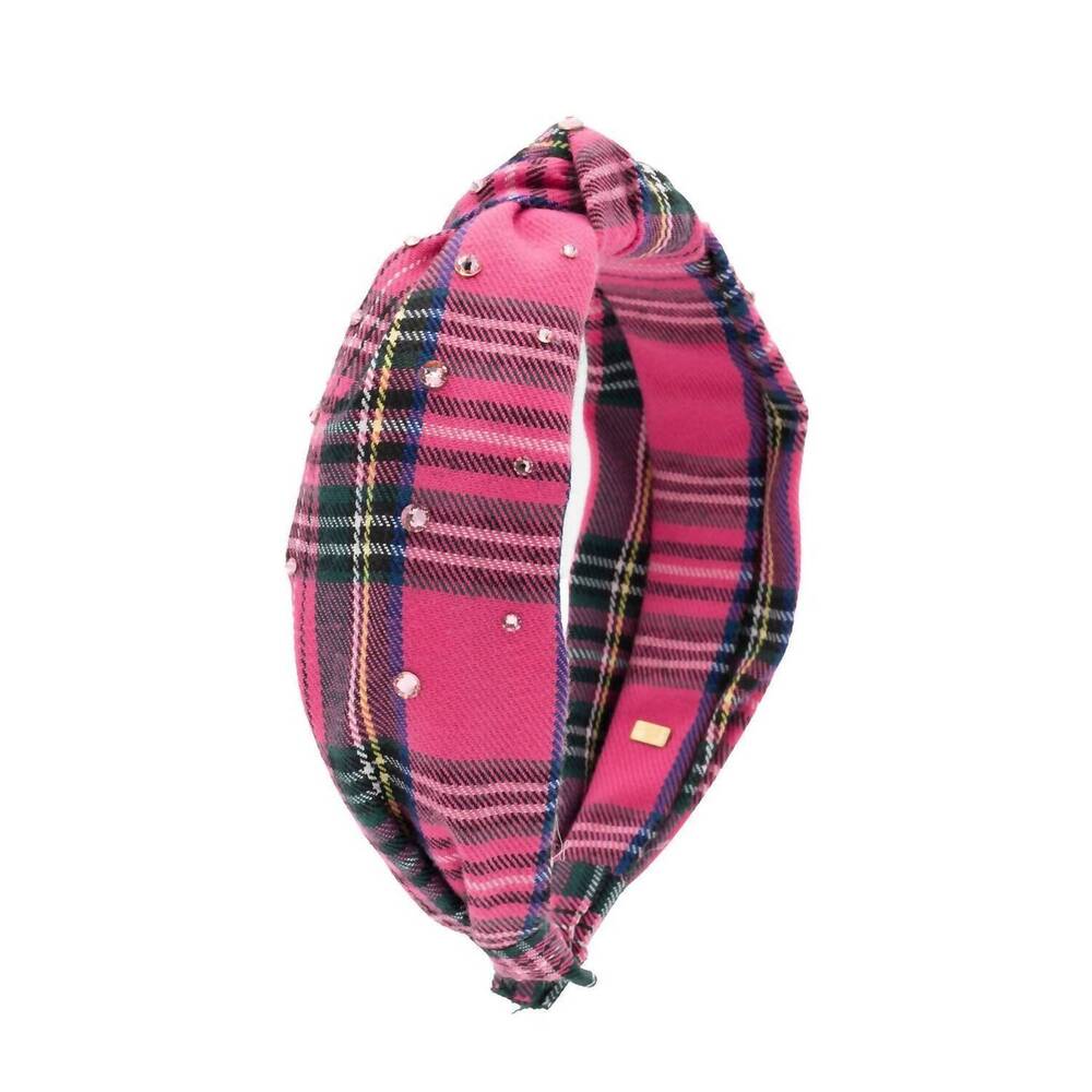 NEW BARI LYNN women's knot headband in crystallized pink plaid